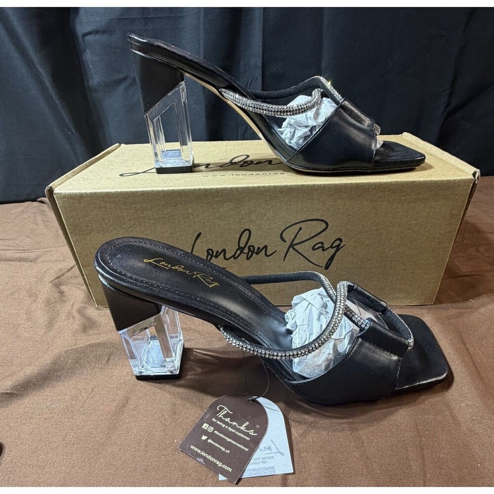 London Rag Black Leather Open Toe Mules Lucite Block Heel Women's Shoes
